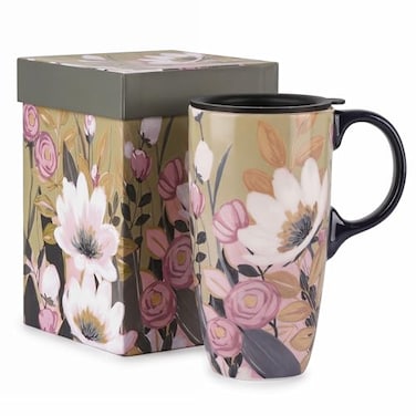 Topadorn 17oz Ceramic Travel Mug with Lid Vintage Floral Coffee Mug with Handle Microwave Dishwasher Safe Ceramic Travel Cup Gift Box Included