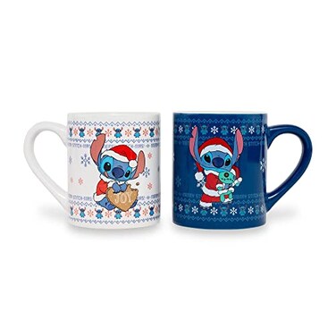 Silver Buffalo Disney Lilo Stitch Holiday Sweaters Ceramic Mugs Set of 2 Coffee Cups For Espresso Tea Each Holds 14 Ounces