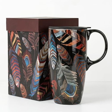 Topadorn 17oz Ceramic Coffee Mug with Lid Gift Box Boho Tribal Feather Art Mug Microwave Dishwasher Safe Large Latte Tea Cup for Home Office Gifting