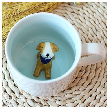 Hotmiss Dog Pattern Ceramic Cup with Hidden 3D Animal Inside 12 OZ Cute Cartoon Handmade Coffee Milk Tea Lovers