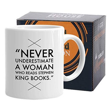 Bubble Hugs Readers Mug 11 oz White Never Underestimate A Women Who Reads Stephen King Book Gift Idea for Horror Reader Book Lovers Bookworm