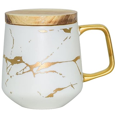 LUCCK Ceramic Coffee Mug with Wooden Lid 145 OZ Tea Cup Luxury Gold Inlay Marble Pattern Ceramic Mug Coffee Tea Mug Gift for Women Wife Girl Grandma White1 Count Pack of 1