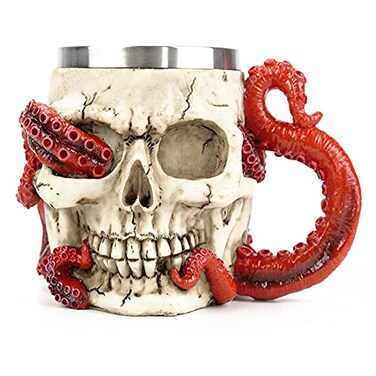 PROVIVID Skull Coffee Mugs with Handle Stainless Steel 3D Skull Beer Mug Realistic Resin Octopus Tentacle Beverage Drinking Cup Drinkware Mug Unique Gift for Men 13oz