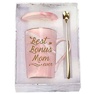 Toshiy Best Bonus Mom Ever Coffee Mug Birthday and Mothers Day Gift from Daughter Son Kids 14 Ounce Pink With Gift Box Spoon Coaster