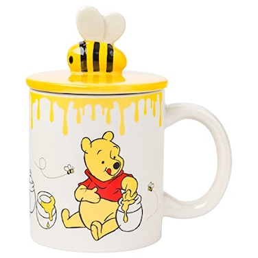 Silver Buffalo Disney Winnie the Pooh Eating Honey Ceramic Mug with Sculpted 3D Bee Lid 18 Ounces