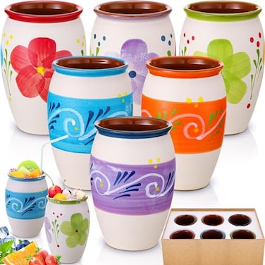 Gejoy 6 Pack 12oz Cantaritos de Barro Mexicanos Mexican Clay Cup Pottery Fiesta De Barro Mexicanos Cocktail Cups Coffee Mugs Cocktail Tea Glasses for Margaritas Mojitos BrightWhite