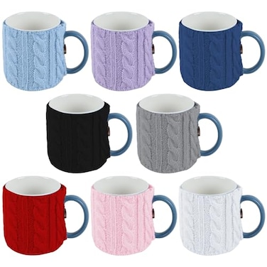 OBUSATT 8 Pcs Knitted Coffee Mug Cozy Reusable Crochet Cup Warmer with Buttons Winter Gift for Coffee and Tea Drinkers