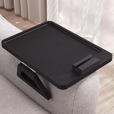 Danfoxer Couch Arm Tray with 360PhoneBamboo Folding Sofa TraySofa Armrest Trays ClipOn Couch Desk for DrinksSnacksPhoneRemote ControlBlack