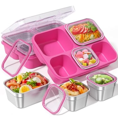 BiuLeon Snackle Box Containers Stainless Steel 5 Compartments Divided Serving Tray with Lid Removable LeakProof Portable Bento Box for Fruit Candy Nuts Food School Picnic and TravelPink