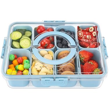 shopwithgreen Divided Serving Tray with Lid and Handle Portable Snackle Box Charcuterie Container for Party Veggies Fruits Nuts Candy Food Tray Platter Snack Box for Entertaining Picnic Blue
