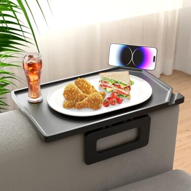 Smatdecis Couch Arm Tray Table Sofa Arm Clip Armrest Tray Table Suitable for Home DrinksFast FoodFruit Etc Large Size MultiFunction BlackDual PhoneTablet Holder