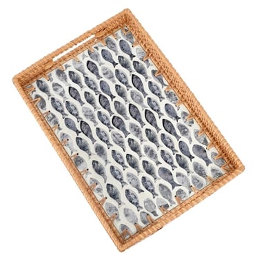 Tynulox Rectangle Rattan Tray with Mother of Pearl Inlay Rattan Serving Tray with Handle for Coffee Bread Fruits Snacks Decorative Wicker Tray for Table Decor Rectangle Black Fish 139