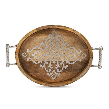 GG Collection Medium 2075Inch Long Wood and Metal Heritage Collection Oval Tray