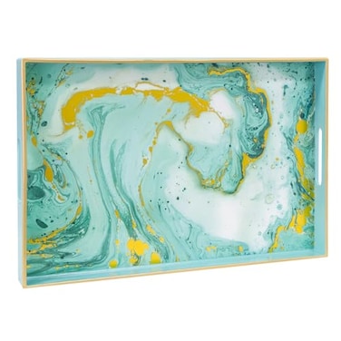MAONAME Turquoise Serving Tray with Handles Plastic Decorative Tray for Coffee Table Marbling Rectangular Trays for Bathroom Ottoman Storage 157 Lx 102 W X 157 H