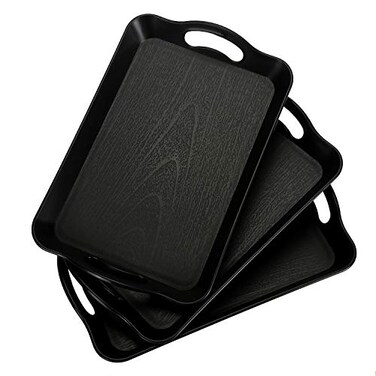 Cedilis 3 Pack Black Serving Trays with Handles16 x 11IN Rectangular Non Skid MultiPurpose Plastic OttomanTray for Restaurant Parties Coffee Table Kitchen