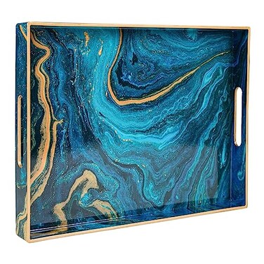 MAONAME Plastic Decorative Tray Marbling Tray with Handles Rectangular Coffee Table Trays Blue Serving Trays for Ottoman Bathroom 157 x 118