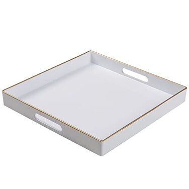 MAONAME 13 Decorative Tray White Serving Tray with Handles Coffee Table Trays Square Plastic Trays for Ottoman Bathroom Kitchen
