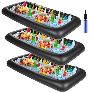 Leitee 3 Pcs Inflatable Serving Bar 52 x 24 x 5 Ice Buffet Serving Tray Drink Cooler with Drain Plug Inflatable Pool Bar for Party Food Drink Holders with a Hand PumpBlack