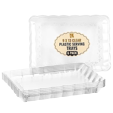 R-kay 6 Pack Clear Plastic Serving Trays for Party 9 x 13 Inch Heavy Duty Plastic Trays for Food Rectangular Party Serving Trays and Platters Clear Disposable Trays