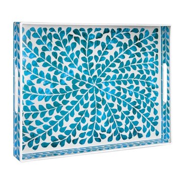 MAONAME Blue Decorative Tray Plastic Serving Tray with Handles Leaf Pattern Sticker Trays Rectangular Trays for Living Room 157 X 102 X 157