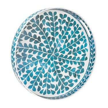 MAONAME Blue Decorative Tray 13 Round Serving Tray with Handles Leaf Pattern Sticker Trays for Coffee Table Plastic Trays for Living Room Bedroom