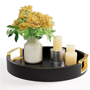 HB Design Round Decorative Tray 12 Inch Round Black Tray with Gold Metal Handles Stain Resistant Serving Trays for Decor Decorative Trays for Coffee Table Ottoman Bar Vanity Kitchen Bedroom More