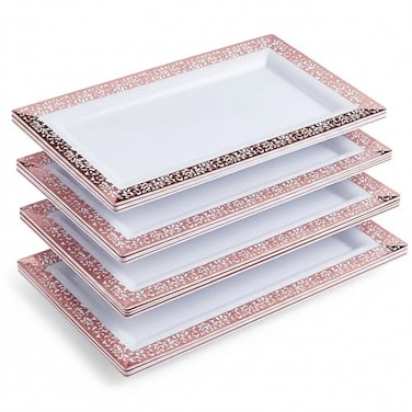 Yumchikel Plastic Serving Tray Platter Set 4pk White Rose Gold Lace Disposable Party Trays Platters for Food Weddings Dessert Table Cupcake Display 14x75 inches
