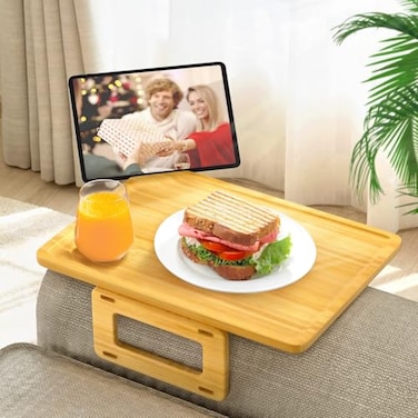 Smatdecis Couch Arm Tray Table Sofa Arm Clip Table Armrest Tray Table Suitable for Home DrinksFast FoodFruit Etc Large Size MultiFunction Natural