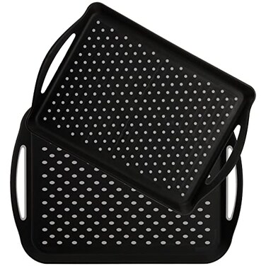 TOPZEA 2 Pack Non Slip Serving Trays with Handle Plastic Rectangular Food Serving Trays TV Lap Tray Meal Server Tray for Restaurant Coffee Table Cafeteria Car Eating on Bed Couch Black