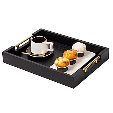 HiddenHomeWor Decorative Coffee Table Ottoman Trays Modern Wood Elegant 16x12 Rectangle Glossy Shagreen Serving Trays with Gold Metal Handles Drinks Liquor Serving Platter for All OccasionsBlack