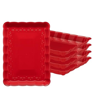 PLASTICPRO Plasticpro Plastic Serving Trays Serving Platters Rectangle 9X13 Disposable Party Dish Includes 4 Red Christmas Trays