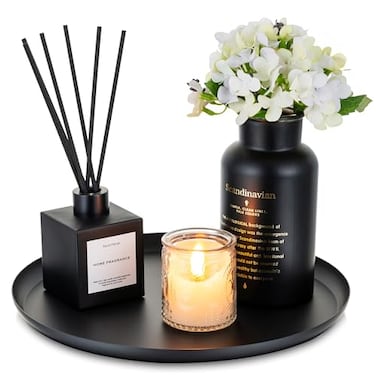 Romadedi Black Decorative Candle Tray Round Trays Decor for Coffee Table Centerpiece Metal Serving Tray for Kitchen Counter Organizer Modern Farmhouse Home Decorations 11 Inch