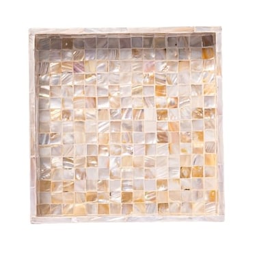 PEMAR 10 Mother of Pearl Catchall Tray for Coffee Table Entryway Nightstand Square Serving Tray Wooden Luxury Decorative Handmade Eating Platters w Insert Handles White Cream Squares Pattern