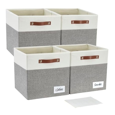 Bagnizer Collapsible Fabric Storage Cube Bins with 2 Reinforced PU Handles Foldable Storage Organizer Baskets for Closet Shelves Living Room 13x13x13 4 Pack Gray White