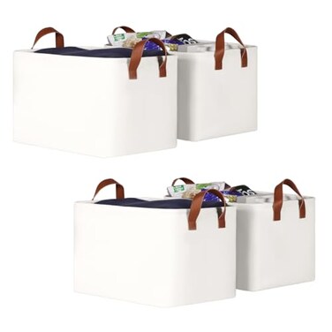 KEEGH Storage Baskets for Organizing Fabric Storage Bins with Leather Handles Shelf Baskets for Closet Organization 15 L x 11 W x 10 H White 4 Pack