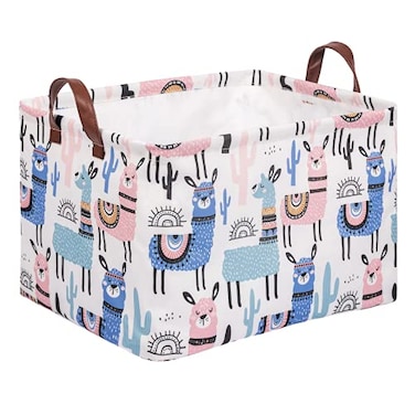 Funnewban Llama Storage Bin Basket Collapsible with Leather Handles Waterproof Canvas Storage Cube Box for Closet Toys Clothes Nursery Room Gift Basket