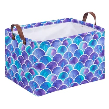 Funnewban Mermaid Storage Bin Basket Collapsible with Leather Handles Waterproof Canvas Storage Cube Box for Closet Toys Clothes Nursery Room Gift Basket