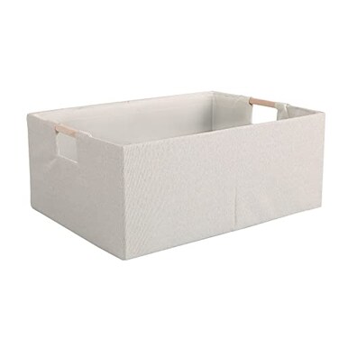 LaMor&Atilde;e LaMore Fabric Storage Bin Box Foldable Cotton Linen Storage Basket with Wooden Handles Rectangular Cube Decorative Home Laundry Organizer Clothes Blanket Container Beige Medium