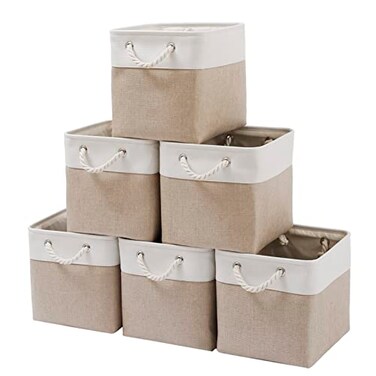 MidmmVick 11 x 11 Inch Cube Storage Bins 6 Pack Large Collapsible Fabric Storage Bin with Ropes Foldable Storage Cubes for Home OfficeCloset Clothes Toys Organizer White Beige11x11x11