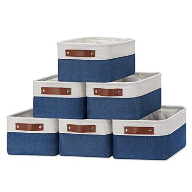 DULLEMELO Set of 6 Small Baskets for Organizing Small Fabric Storage Bins for Toys Storage Collapsible Storage Bins with Leather Handles for Shelves Closets Laundry NurseryWhiteBlue
