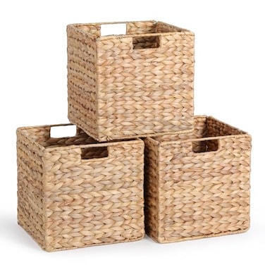 DINGTAI 12 x 12 x 12in Water Hyacinth Storage Baskets Wicker Storage Baskets for Shelves Foldable Square Bins for IKEA Kallax Set of 3 Large Cubby Rattan Basket Wicker Basket for Organizing