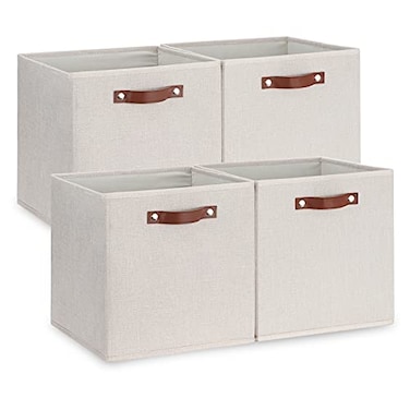 Temary Fabric Storage Cubes Storage Bins with Dual Leather Handles 4 Pack Cube Baskets 13x13 Foldable Cube Organizers for Shelves Home Office Nursery