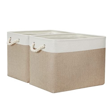 Temary Fabric Storage Baskets 2 Pack Decorative Storage Bins Basket for Gifts Empty Shelf Baskets with Handles for Organizing Home Closet Towels WhiteKhaki16Lx12Wx12H Inches