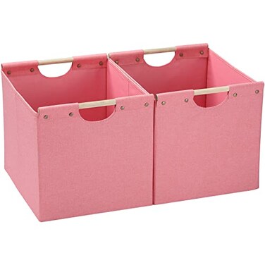 HOONEX Large Foldable Storage Bins Linen Fabric Pack of 2 Storage Baskets with Wooden Carry Handles and Sturdy Heavy Cardboard for Home Office Car Nursery Pink