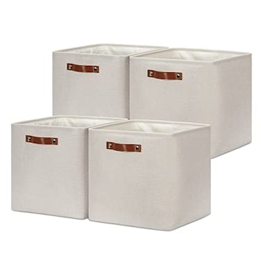 DULLEMELO Storage Bins 4 Pack Of 13x13x13 Decorative Storage Cube Bins Suit Office Home Shelves And Closet Cube Storage Bin with Leather handle4 Pack 13 Beige