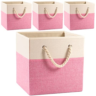 PRANDOM Large Foldable Cube Storage Bins 13x13 inch 4Pack Fabric Linen Storage Baskets Cubes Drawer with Cotton Handles Organizer for Shelves Nursery Closet Bedroom Pink