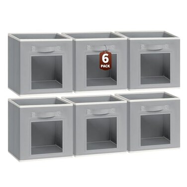 Homsorout Storage Cube 11 Inch Cube Storage Bins with Window Closet Storage Baskets with Handle Fabric Bins for Closet Shelves Toys Clothes Set of 6 Grey
