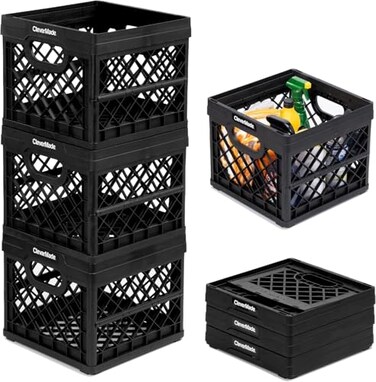 CleverMade Collapsible Milk Crate 25L 66 Gal 3 Pack 50 lb Capacity Heavy Duty Folding Crate Stackable Storage Crates with File Rails Plastic Collapsible Crates Obsidian