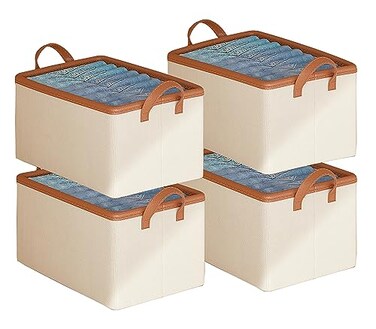 AARAINBOW 4 Pcs Closet Clothes Organizer with Handle Fabric Storage Bins with Metal Frame Closet Shelf Storage Baskets Foldable Wardrobe Storage Box for Sweater Jeans 20L 4 White