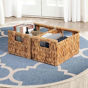 JS HOME JS HANGER HandWoven Storage Baskets with Handles Decorative Water Hyacinth Wicker Baskets for Paper Towel Organizing 126L x 79W x 71H 2Pack